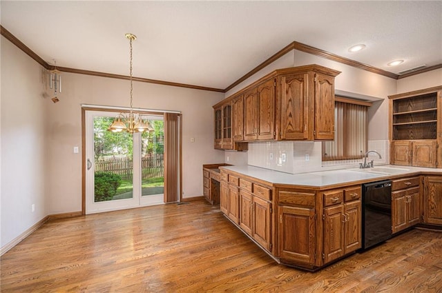6209 NW 78th St, Kansas City, MO 64151 - kitchen featuring a sink, dishwasher, brown cabinetry, and ornamental molding