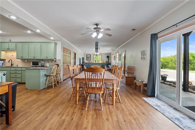 9 SW 500th Rd, Warrensburg, MO 64093 - dining room featuring light wood finished floors, recessed lighting, crown molding, and a ceiling fan
