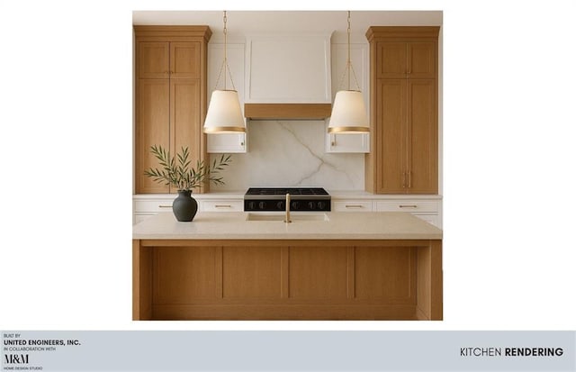 kitchen with light countertops, backsplash, a kitchen island with sink, a sink, and range