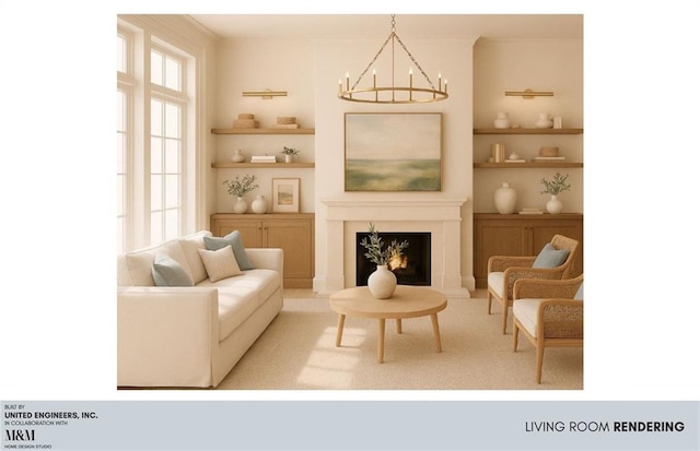 sitting room with built in shelves, a warm lit fireplace, and a chandelier