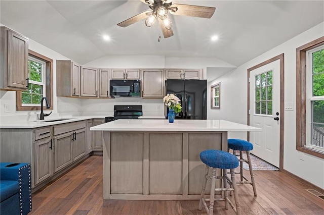 13 S Lakeside Cir, Linn Valley, KS 66040 - kitchen featuring black appliances, a sink, vaulted ceiling, light countertops, and dark wood-style flooring