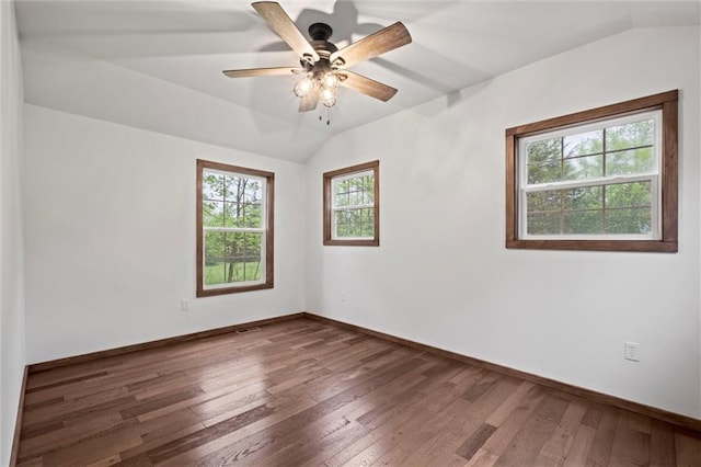 13 S Lakeside Cir, Linn Valley, KS 66040 - empty room featuring lofted ceiling, hardwood / wood-style floors, baseboards, and a ceiling fan