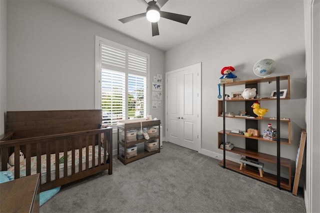 10523 N Dalton Ave, Kansas City, MO 64154 - bedroom featuring carpet, a nursery area, a ceiling fan, and baseboards