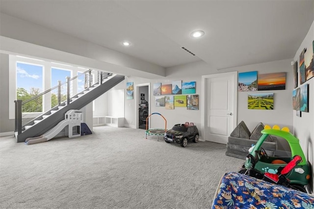 10523 N Dalton Ave, Kansas City, MO 64154 - rec room featuring carpet floors, recessed lighting, and baseboards