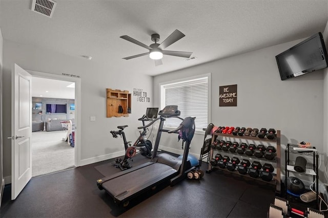 10523 N Dalton Ave, Kansas City, MO 64154 - exercise area featuring a ceiling fan, baseboards, and a textured ceiling