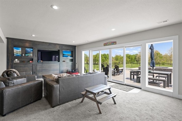 10523 N Dalton Ave, Kansas City, MO 64154 - carpeted living area featuring a textured ceiling and recessed lighting