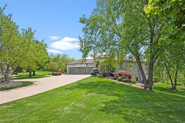 21211 E 34th St S, Independence, MO 64057 - view of property hidden behind natural elements with driveway, a front lawn, stucco siding, and a garage