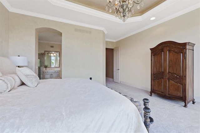 21211 E 34th St S, Independence, MO 64057 - bedroom with light carpet, ornamental molding, arched walkways, a chandelier, and baseboards