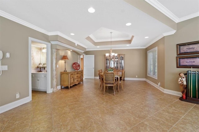 21211 E 34th St S, Independence, MO 64057 - dining area featuring a chandelier, crown molding, recessed lighting, baseboards, and a raised ceiling