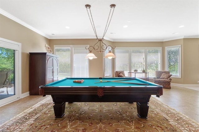 21211 E 34th St S, Independence, MO 64057 - recreation room with billiards, light tile patterned floors, baseboards, ornamental molding, and recessed lighting