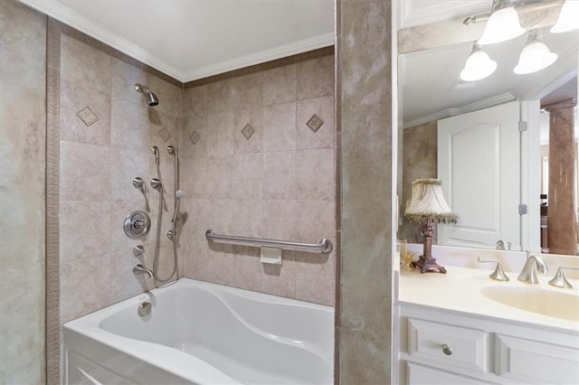 21211 E 34th St S, Independence, MO 64057 - bathroom with crown molding, vanity, and shower / washtub combination
