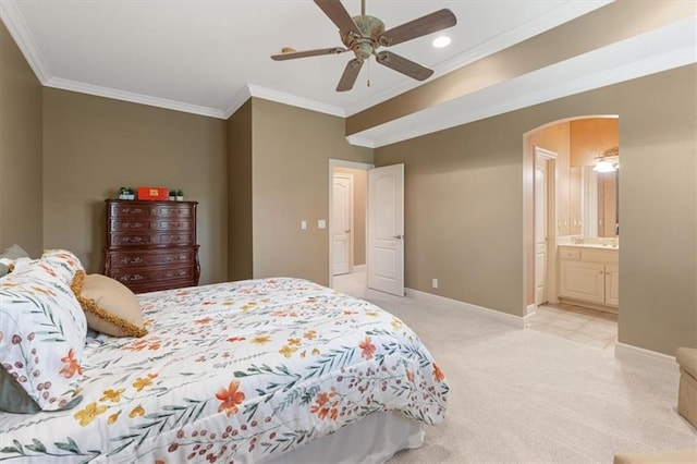 21211 E 34th St S, Independence, MO 64057 - bedroom featuring light colored carpet, baseboards, ornamental molding, arched walkways, and recessed lighting
