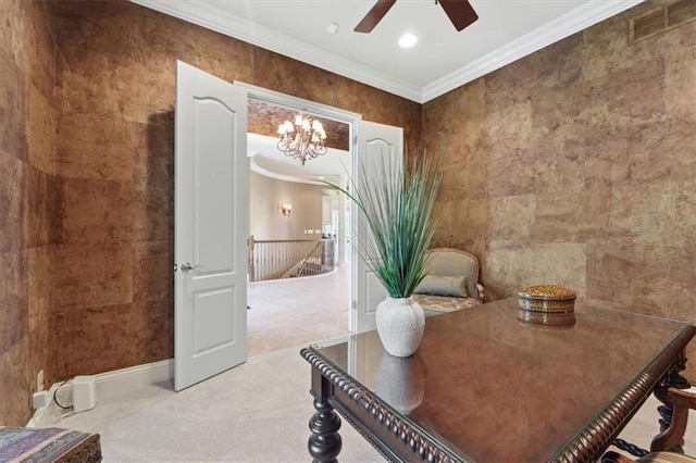 21211 E 34th St S, Independence, MO 64057 - carpeted dining area with ornamental molding, ceiling fan, a chandelier, recessed lighting, and tile walls
