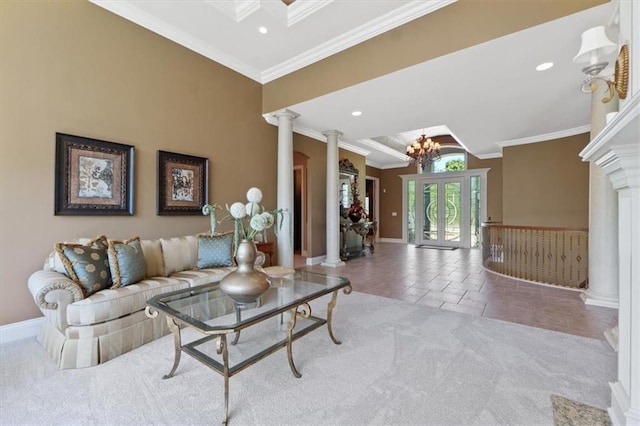 21211 E 34th St S, Independence, MO 64057 - living room with ornate columns, crown molding, recessed lighting, and a chandelier
