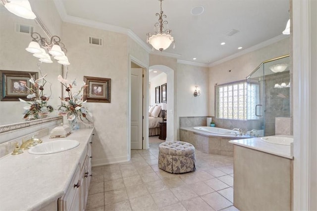 21211 E 34th St S, Independence, MO 64057 - ensuite bathroom with vanity, a bath, a shower stall, tile patterned floors, and ornamental molding