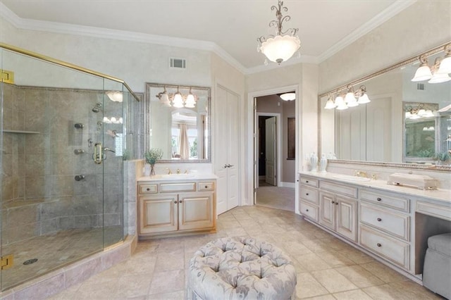 21211 E 34th St S, Independence, MO 64057 - bathroom with vanity, a shower stall, crown molding, a chandelier, and tile patterned floors