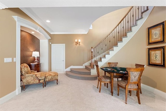 21211 E 34th St S, Independence, MO 64057 - carpeted dining room with stairway, ornamental molding, recessed lighting, and arched walkways