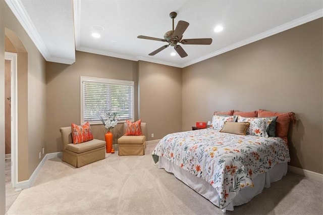 21211 E 34th St S, Independence, MO 64057 - carpeted bedroom with arched walkways, ornamental molding, recessed lighting, and a ceiling fan