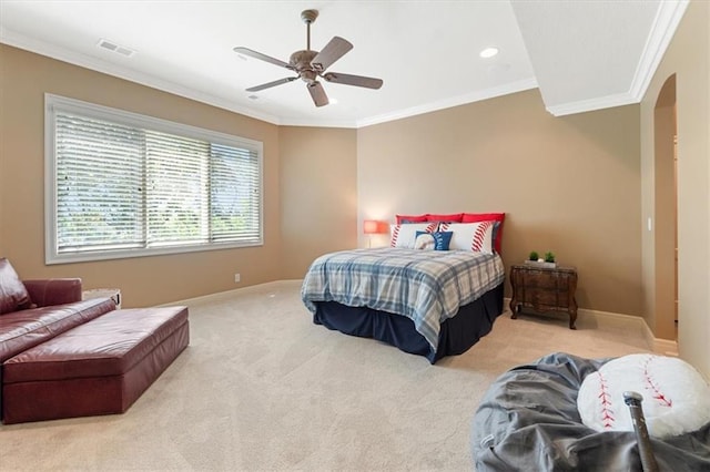 21211 E 34th St S, Independence, MO 64057 - carpeted bedroom featuring ornamental molding, arched walkways, recessed lighting, and a ceiling fan