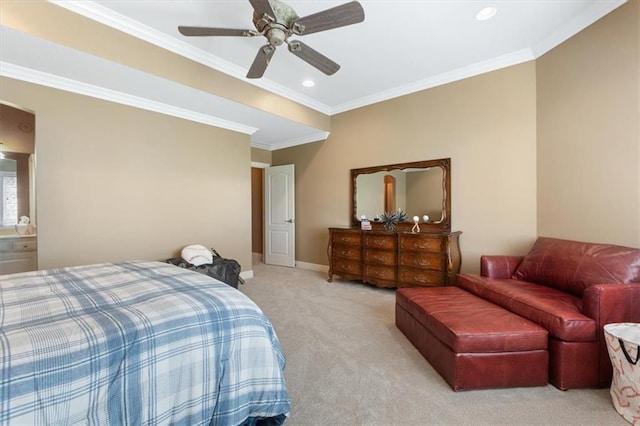 21211 E 34th St S, Independence, MO 64057 - carpeted bedroom featuring crown molding, recessed lighting, and a ceiling fan