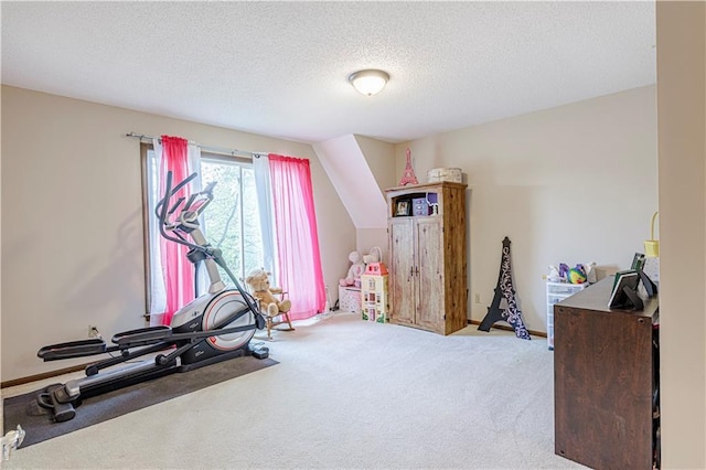 exercise area featuring carpet, a textured ceiling, and baseboards