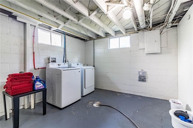 1007 Vest Dr, Warrensburg, MO 64093 - laundry room featuring washing machine and clothes dryer and concrete block wall