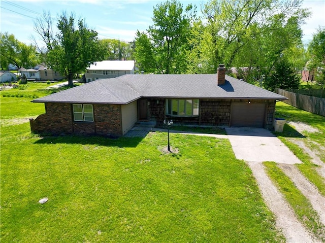 ranch-style house with concrete driveway, a garage, and a chimney