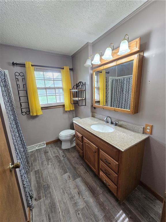 bathroom with wood finished floors, a textured ceiling, toilet, vanity, and baseboards