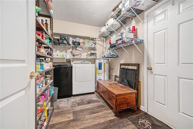19204 E 15th Terrace Ct N, Independence, MO 64056 - washroom with electric water heater, washing machine and clothes dryer, wood finished floors, and a textured ceiling