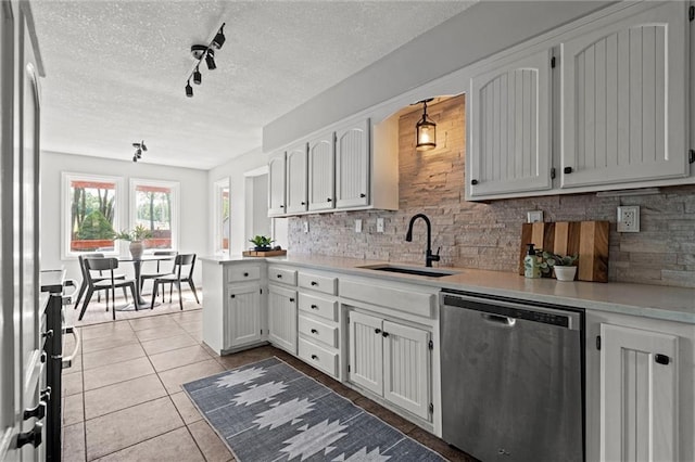 1036 NE Remington Ct, Lees Summit, MO 64086 - kitchen featuring stainless steel appliances, a sink, rail lighting, decorative backsplash, and light tile patterned flooring