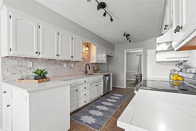 1036 NE Remington Ct, Lees Summit, MO 64086 - kitchen with dishwasher, a sink, decorative backsplash, dark tile patterned floors, and white cabinets