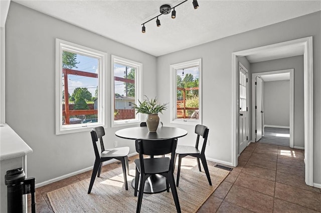 1036 NE Remington Ct, Lees Summit, MO 64086 - tiled dining room featuring rail lighting, baseboards, and a textured ceiling
