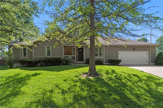 1036 NE Remington Ct, Lees Summit, MO 64086 - ranch-style home with a garage, concrete driveway, a front lawn, and stucco siding