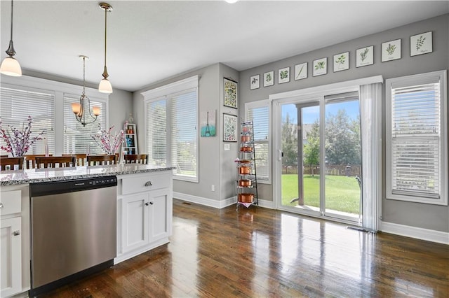 25201 W 149th Ter, Olathe, KS 66061 - kitchen with dishwasher, dark wood-type flooring, white cabinetry, and light stone counters