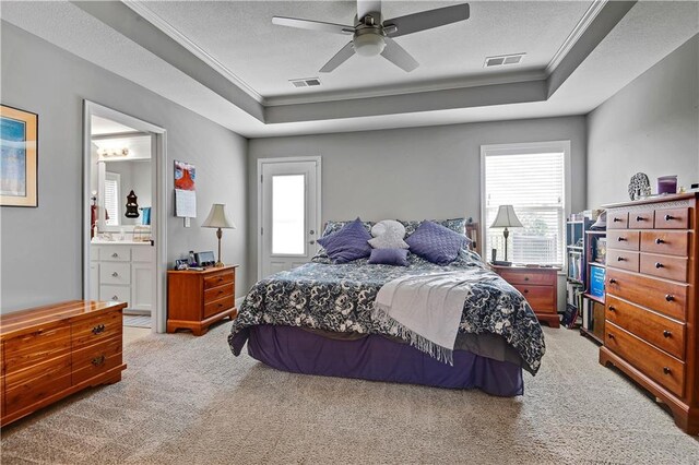 25201 W 149th Ter, Olathe, KS 66061 - bedroom featuring a raised ceiling, light carpet, multiple windows, crown molding, and a textured ceiling