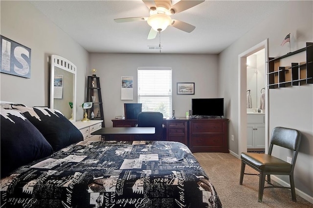 25201 W 149th Ter, Olathe, KS 66061 - bedroom featuring light carpet, connected bathroom, and ceiling fan
