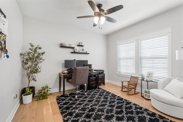 546 N Oakwood Ln, Tonganoxie, KS 66086 - home office featuring wood finished floors, ceiling fan, and baseboards