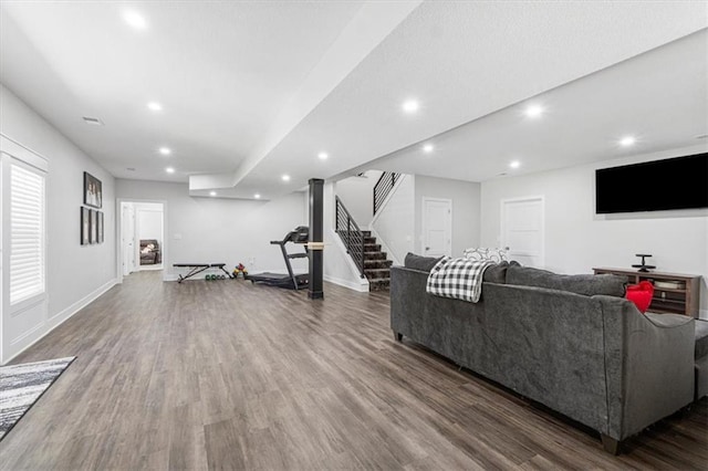 546 N Oakwood Ln, Tonganoxie, KS 66086 - living room with stairs, wood finished floors, baseboards, and recessed lighting