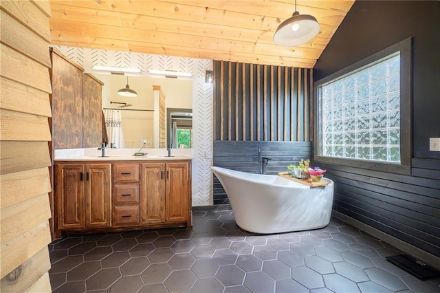 7277 SW Karen Rd, Trimble, MO 64492 - bathroom with a soaking tub, double vanity, tile patterned flooring, wood ceiling, and wood walls