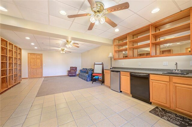 7277 SW Karen Rd, Trimble, MO 64492 - kitchen with a sink, black dishwasher, open shelves, ceiling fan, and dark countertops