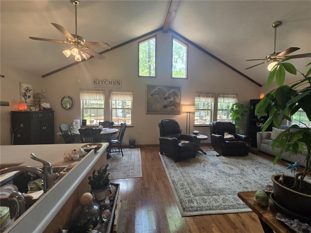 27349 Karrs Park Ave, Warsaw, MO 65355 - living area with ceiling fan, plenty of natural light, wood finished floors, high vaulted ceiling, and beamed ceiling