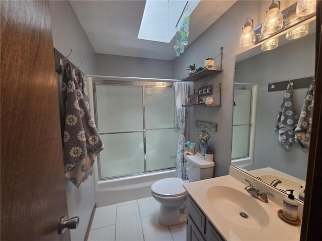 27349 Karrs Park Ave, Warsaw, MO 65355 - bathroom with a skylight, toilet, shower / bath combination with glass door, vanity, and tile patterned floors