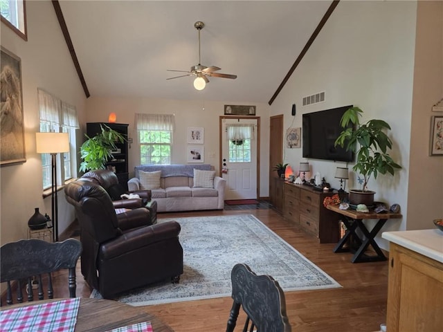 27349 Karrs Park Ave, Warsaw, MO 65355 - living room featuring ceiling fan, high vaulted ceiling, dark wood finished floors, and beamed ceiling