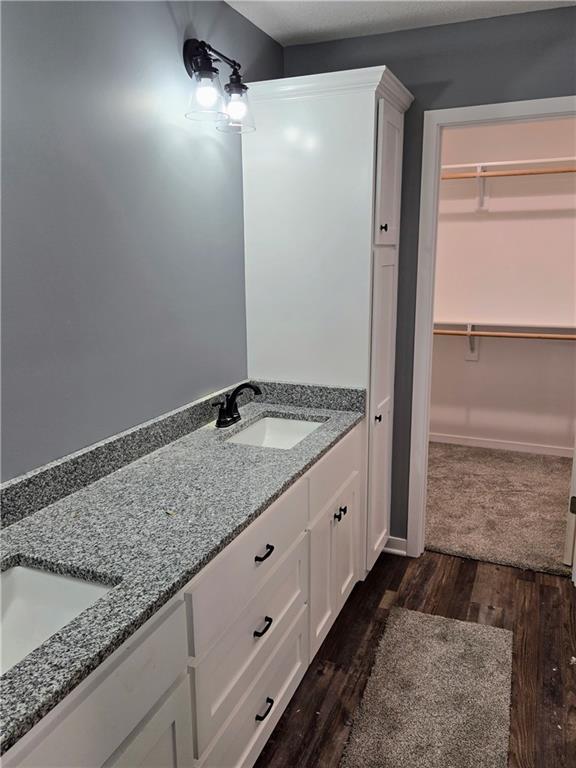 449 E Market St, Warrensburg, MO 64093 - bathroom with double vanity, wood finished floors, and a spacious closet