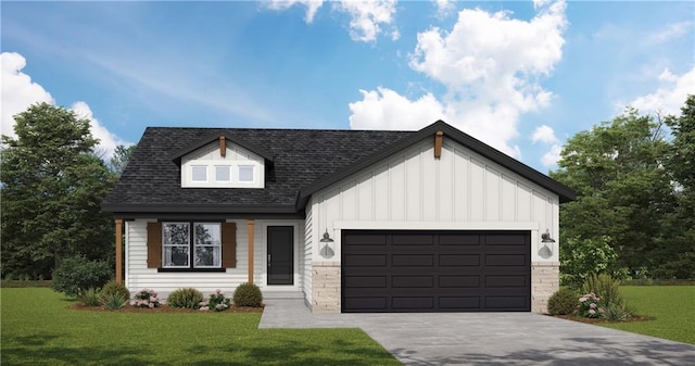 402 Woodview Dr, Raymore, MO 64083 - modern inspired farmhouse featuring board and batten siding, a garage, a front lawn, concrete driveway, and roof with shingles