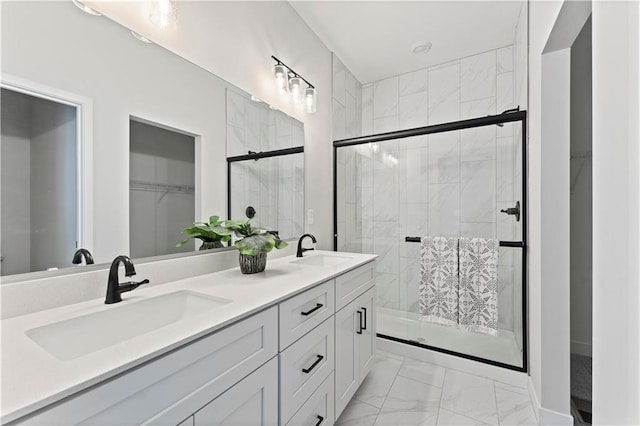 402 Woodview Dr, Raymore, MO 64083 - full bathroom with marble finish flooring, a shower stall, a spacious closet, and double vanity