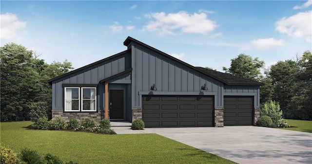 501 Woodview Dr, Raymore, MO 64083 - view of front facade featuring board and batten siding, an attached garage, stone siding, and a front lawn