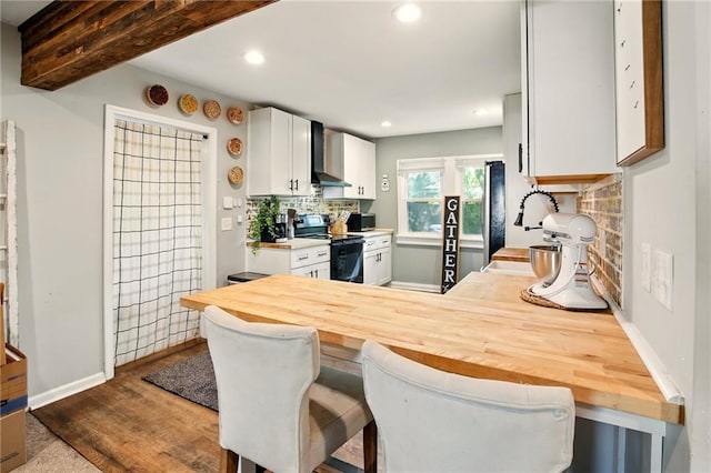 kitchen with appliances with stainless steel finishes, wall chimney range hood, white cabinets, backsplash, and a peninsula