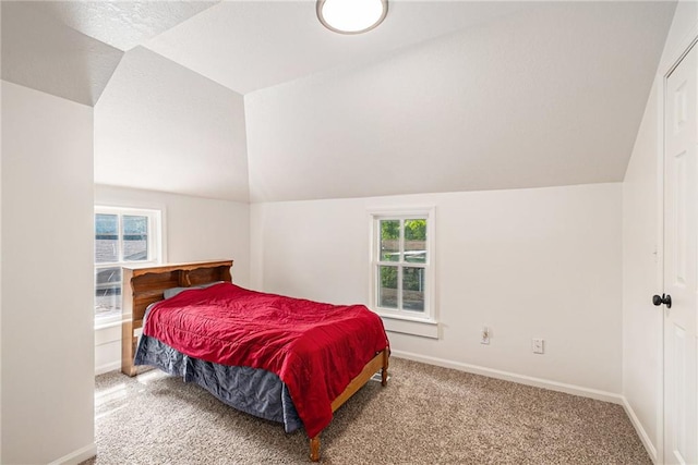 carpeted bedroom featuring multiple windows, lofted ceiling, and baseboards