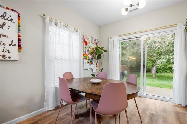 dining room featuring light wood-style floors and baseboards